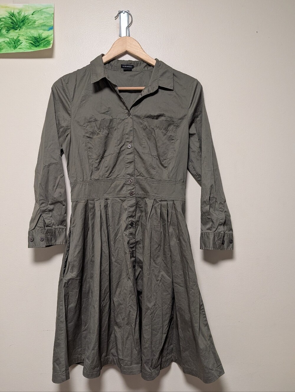Club Monaco Size 6 Olive Green Cotton Shirt Dress Pleated Utility Midi